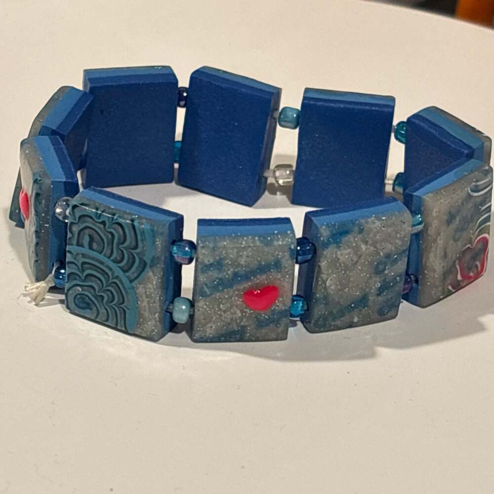 Handmade Polymer Blue Clay Wood Tile Stretch Bracelet